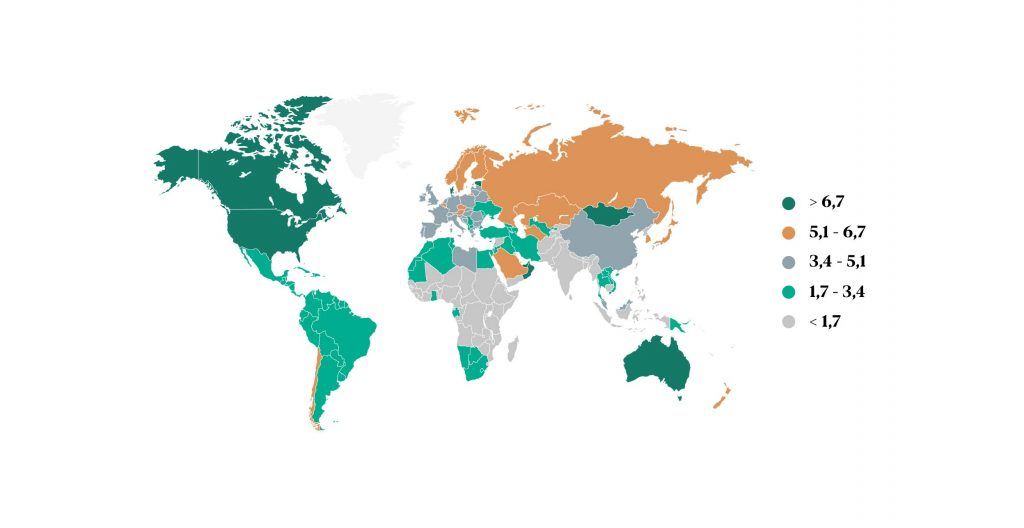 Figura 1: Mapa da pegada ecológica por pessoa em diferentes países em 2017